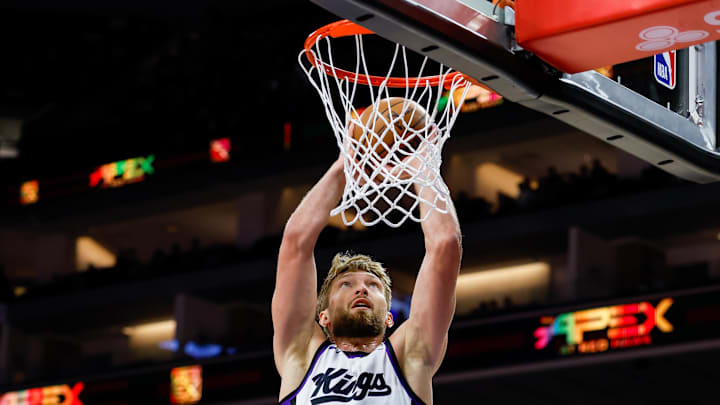 Oct 15, 2025; Sacramento, California, USA; Sacramento Kings center Domantas Sabonis (11) dunks the ball during the first quarter at Golden 1 Center. Mandatory Credit: Sergio Estrada-Imagn Images