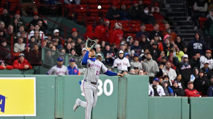 May 21, 2025; Boston, Massachusetts, USA; New York Mets right fielder Juan Soto (22) makes a catch against the Boston Red Sox during the ninth inning at Fenway Park. Mandatory Credit: Eric Canha-Imagn Images