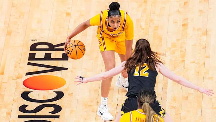 USC guard JuJu Watkins (12) runs a play against Iowa on March 8, 2025 at Gainbridge Fieldhouse in Indianapolis. USC guard JuJu Watkins (12) runs a play against Iowa on March 8, 2025 at Gainbridge Fieldhouse in Indianapolis.