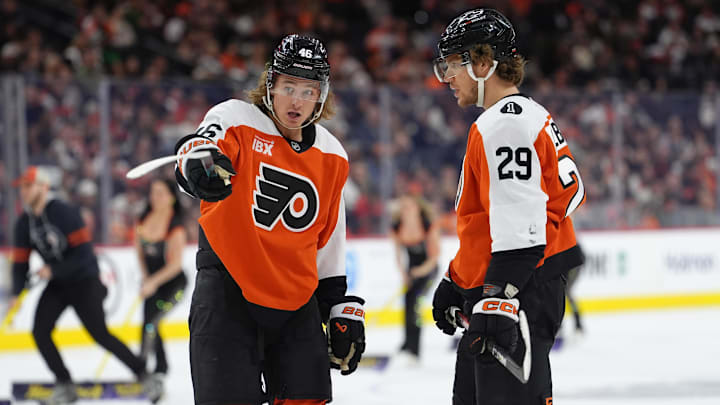 Mar 14, 2026; Philadelphia, Pennsylvania, USA; Philadelphia Flyers center Trevor Zegras (46) reacts with right wing Nikita Grebenkin (29) against the Columbus Blue Jackets in the second period at Xfinity Mobile Arena. Mandatory Credit: Kyle Ross-Imagn Images