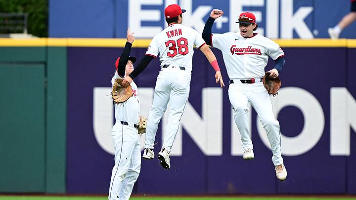 Sep 20, 2026: Cleveland Guardians right fielder Chase DeLauter (24) celebrates with Cleveland left fielder Steven Kwan (38) and Cleveland Guardians center fielder Petey Halpin (0) after the Guardians defeated the Athletics at Progressive Field. Credit: David Dermer-Imagn Images