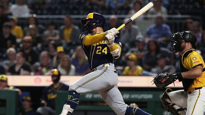 Sep 5, 2025; Pittsburgh, Pennsylvania, USA; Milwaukee Brewers catcher William Contreras (24) hits a single against the Pittsburgh Pirates during the ninth inning at PNC Park. Mandatory Credit: Charles LeClaire-Imagn Images Sep 5, 2025; Pittsburgh, Pennsylvania, USA; Milwaukee Brewers catcher William Contreras (24) hits a single against the Pittsburgh Pirates during the ninth inning at PNC Park. Mandatory Credit: Charles LeClaire-Imagn Images