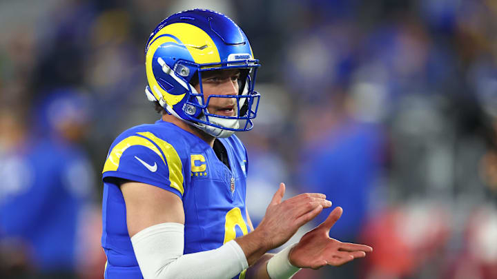 Jan 13, 2025; Glendale, AZ, USA; Los Angeles Rams quarterback Matthew Stafford (9) practices before the NFC wild card game against the Minnesota Vikings at State Farm Stadium. Mandatory Credit: Mark J. Rebilas-Imagn Images