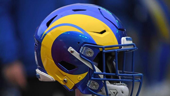 Jan 19, 2025; Philadelphia, Pennsylvania, USA; Los Angeles Rams helmet on the sidelines against the Philadelphia Eagles in a 2025 NFC divisional round game at Lincoln Financial Field. Mandatory Credit: Eric Hartline-Imagn Images