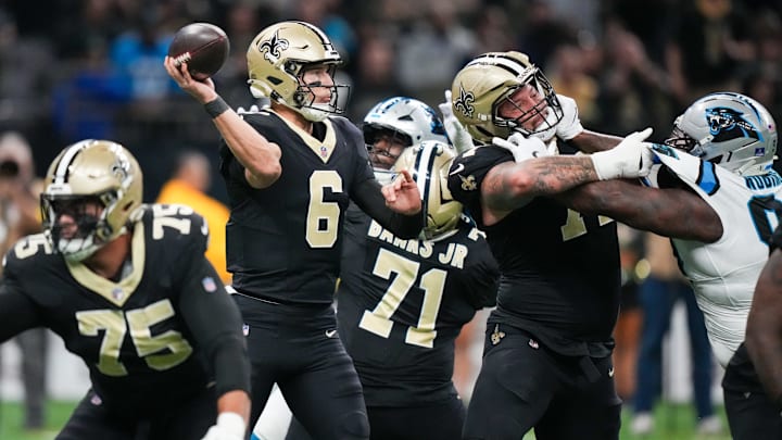Dec 14, 2025; New Orleans, Louisiana, USA; New Orleans Saints quarterback Tyler Shough (6) throws the ball during the second quarter against the Carolina Panthers at Caesars Superdome. Mandatory Credit: Matthew Hinton-Imagn Images