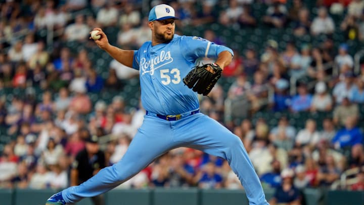 Aug 9, 2025; Minneapolis, Minnesota, USA; Kansas City Royals pitcher Carlos Estevez (53) pitches to Minnesota Twins center fielder Austin Martin (16) in the ninth inning at Target Field. Mandatory Credit: Matt Blewett-Imagn Images