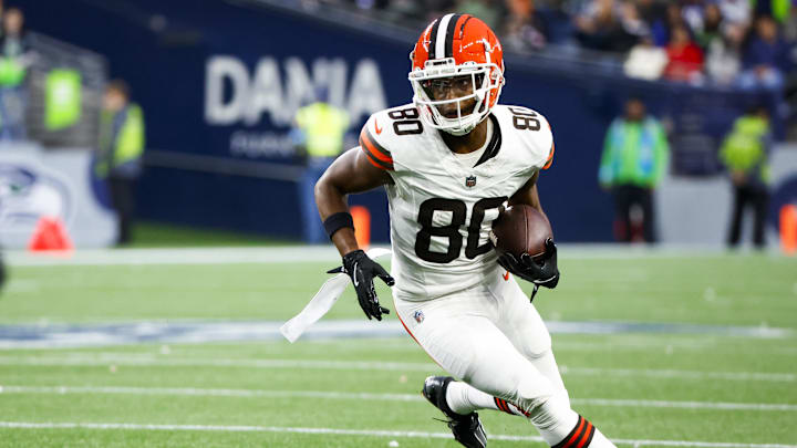 Aug 24, 2024; Seattle, Washington, USA; Cleveland Browns wide receiver Jamari Thrash (80) runs for yards after the catch against the Seattle Seahawks during the first quarter at Lumen Field. Mandatory Credit: Joe Nicholson-Imagn Images Aug 24, 2024; Seattle, Washington, USA; Cleveland Browns wide receiver Jamari Thrash (80) runs for yards after the catch against the Seattle Seahawks during the first quarter at Lumen Field. Mandatory Credit: Joe Nicholson-Imagn Images