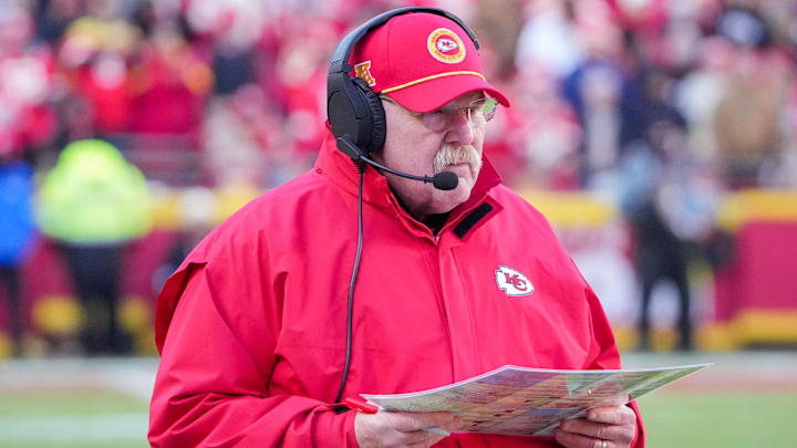 Dec 21, 2024; Kansas City, Missouri, USA; Kansas City Chiefs head coach Andy Reid watches play against the Houston Texans during the second half at GEHA Field at Arrowhead Stadium. Mandatory Credit: Denny Medley-Imagn Images