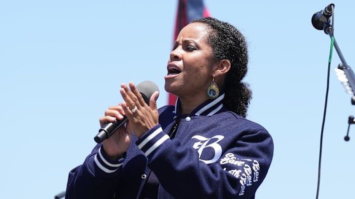 Bay FC co-founder Danielle Slaton speaks during the Bay FC announcement