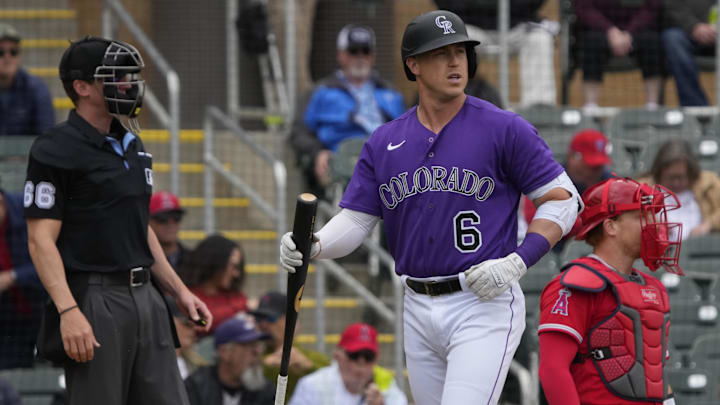 Mar 22, 2023; Salt River Pima-Maricopa, Arizona, USA; Colorado Rockies catcher Brian Serven (6)