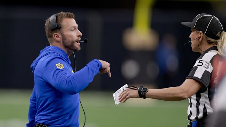 Dec 1, 2024; New Orleans, Louisiana, USA; Los Angeles Rams head coach Sean McVay talks with down judge Sarah Thomas (53) against the New Orleans Saints during the first half at Caesars Superdome. Mandatory Credit: Matthew Hinton-Imagn Images