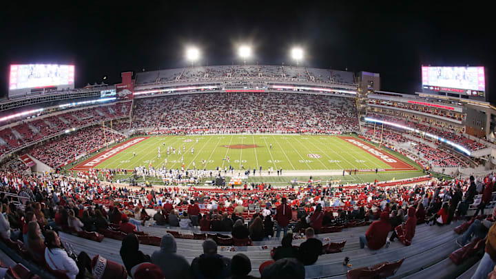 Nov 18, 2023; Fayetteville, Arkansas, USA; General view of the stadium at the beginning of the fourth quarter during the game between the Arkansas Razorbacks and the FIU Panthers at Donald W. Reynolds Razorback Stadium. Arkansas won 44-20. Mandatory Credit: Nelson Chenault-USA TODAY Sports