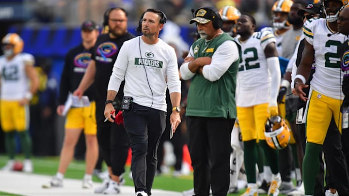 Oct 6, 2024; Inglewood, California, USA; Green Bay Packers head coach Matt LaFleur watches game action against the Los Angeles Rams during the second half at SoFi Stadium.