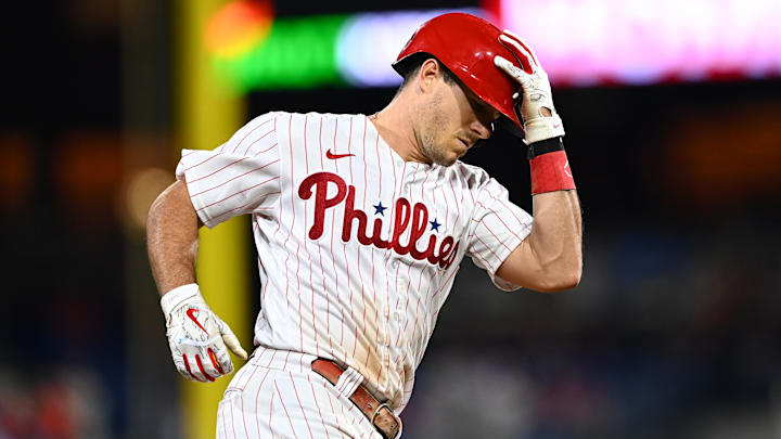 Jul 26, 2022; Philadelphia, Pennsylvania, USA; Philadelphia Phillies catcher JT Realmuto (10) rounds the bases after hitting a two-run home run against the Atlanta Braves in the ninth inning at Citizens Bank Park. Mandatory Credit: Kyle Ross-Imagn Images