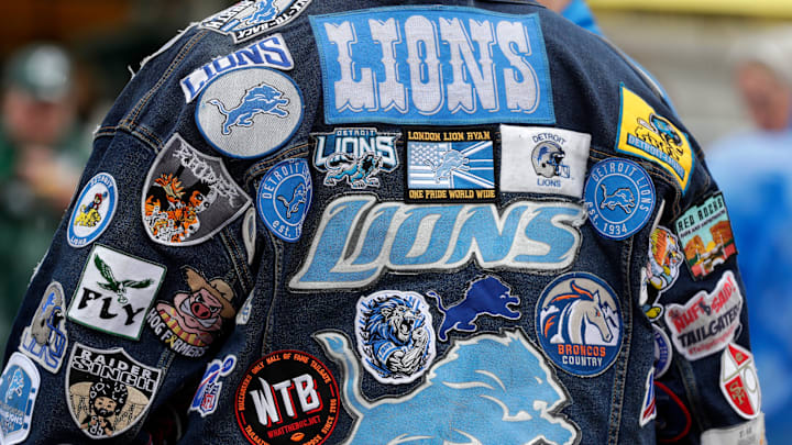 A jacket filled with Detroit Lions patches pictured during the Super Fan Summit Tailgate Party on April 25, 2025