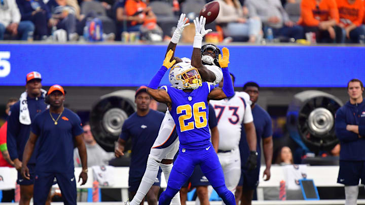 Los Angeles Chargers cornerback Asante Samuel Jr. covers Denver Broncos wide receiver Jerry Jeudy during the first half at SoFi Stadium. 