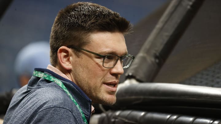 Oct 6, 2021; Tampa, Florida, USA; Tampa Bay Rays president Erik Neander during the ALDS workout day against the Boston Red Sox at Tropicana Field.