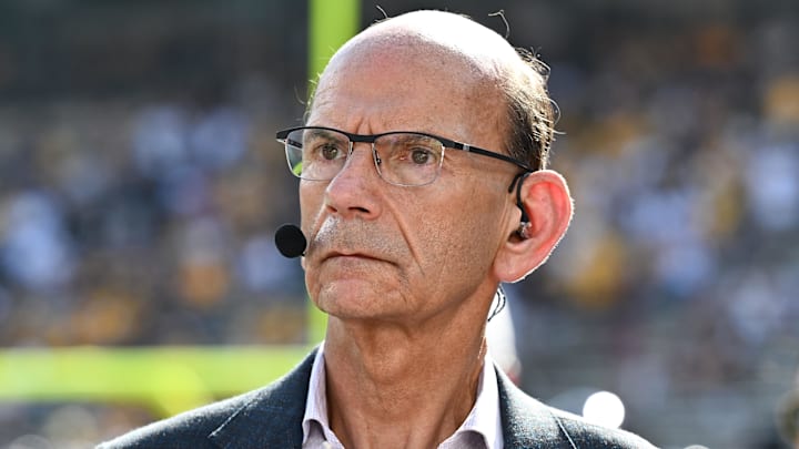 Oct 5, 2024; College Station, Texas, USA; SEC Nation analyst Paul Finebaum looks on prior to the game between the Texas A&M Aggies and the Missouri Tigers at Kyle Field. Mandatory Credit: Maria Lysaker-Imagn Images. 