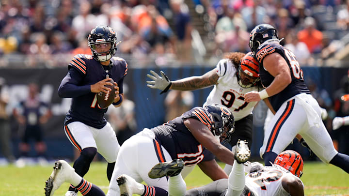 Chicago Bears quarterback Caleb Williams (18) scrambles in the second quarter of the NFL Preseason Week 2 game between the Chicago Bears and the Cincinnati Bengals at Soldier Field in downtown Chicago on Saturday, Aug. 17, 2024. The Bears led 10-3 at halftime.