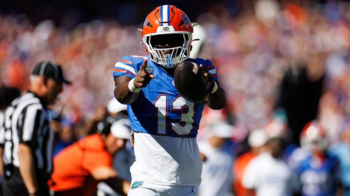 Sep 26, 2026; Gainesville, Florida, USA; Florida Gators running back Jadan Baugh (13) reacts after a play against the Mississippi Rebels during the first half at Ben Hill Griffin Stadium. Mandatory Credit: Matt Pendleton-Imagn Images Sep 26, 2026; Gainesville, Florida, USA; Florida Gators running back Jadan Baugh (13) reacts after a play against the Mississippi Rebels during the first half at Ben Hill Griffin Stadium. Mandatory Credit: Matt Pendleton-Imagn Images
