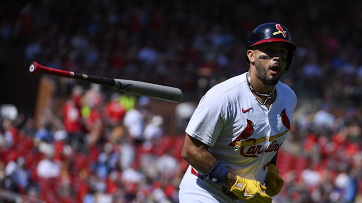 Sep 21, 2025; St. Louis, Missouri, USA; St. Louis Cardinals designated hitter Ivan Herrera (48) tosses his bat after hitting a two run home run against the Milwaukee Brewers during the third inning at Busch Stadium. Mandatory Credit: Jeff Curry-Imagn Images