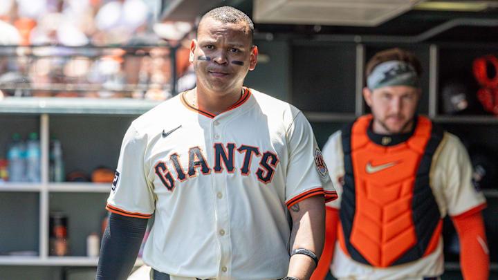 Jun 19, 2025; San Francisco, California, USA; San Francisco Giants infielder Rafael Devers (16) during the game against the Cleveland Guardians at Oracle Park. Mandatory Credit: Bob Kupbens-Imagn Images