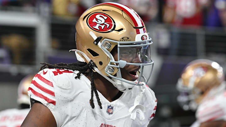 Oct 23, 2023; Minneapolis, Minnesota, USA; San Francisco 49ers running back Jordan Mason (24) reacts during the game against the Minnesota Vikings at U.S. Bank Stadium. Mandatory Credit: Jeffrey Becker-Imagn Images