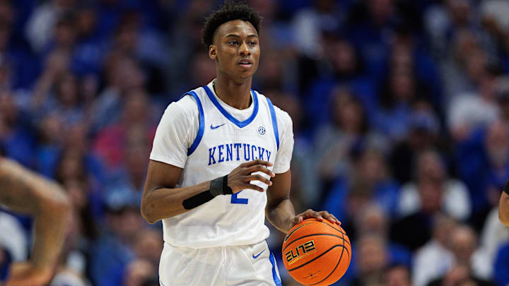 Feb 8, 2025; Lexington, Kentucky, USA; Kentucky Wildcats guard Jaxson Robinson (2) brings the ball up court during the second half against the South Carolina Gamecocks at Rupp Arena at Central Bank Center. Mandatory Credit: Jordan Prather-Imagn Images