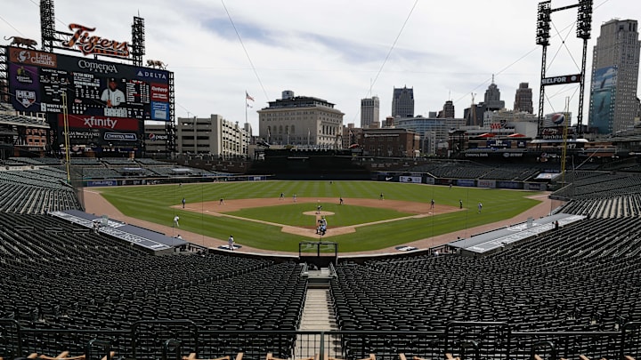 Aug 12, 2020; Detroit, Michigan, USA; A wide veiw from behind home plate as Chicago White Sox starting pitcher Dylan Cease (84) pitches to Detroit Tigers right fielder Victor Reyes (22) during the fourth inning at Comerica Park.