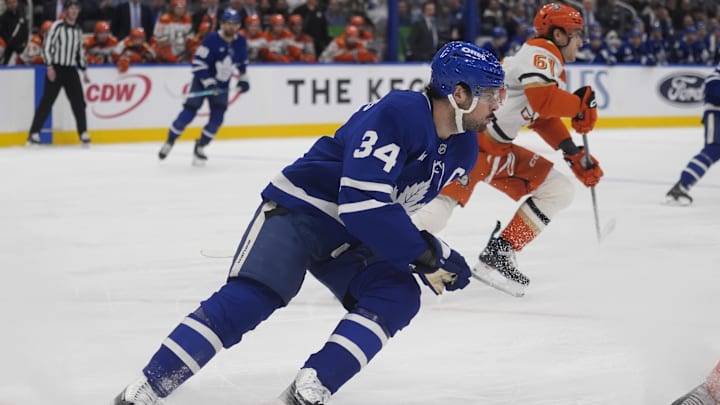 Mar 12, 2026; Toronto, Ontario, CAN; Toronto Maple Leafs forward Auston Matthews (34) skates against the Anaheim Ducks during the first period at Scotiabank Arena. Mandatory Credit: John E. Sokolowski-Imagn Images