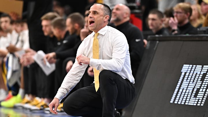 Mar 28, 2026; Houston, TX, USA; Iowa Hawkeyes head coach Ben McCollum looks on in the first half against the Illinois Fighting Illini during an Elite Eight game of the South Regional of the men's 2026 NCAA Tournament at Toyota Center. Mandatory Credit: Maria Lysaker-Imagn Images