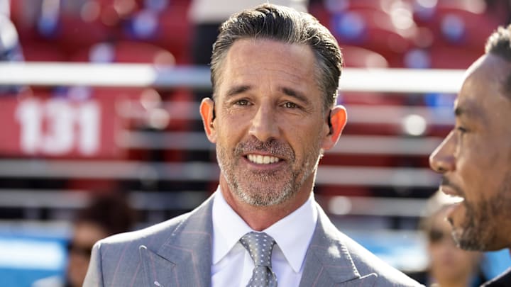 Feb 8, 2026; Santa Clara, CA, USA; NBC Sports analyst Kyle Shanahan prior to the New England Patriots game against the Seattle Seahawks in Super Bowl LX at Levi's Stadium. Mandatory Credit: Mark J. Rebilas-Imagn Images Feb 8, 2026; Santa Clara, CA, USA; NBC Sports analyst Kyle Shanahan prior to the New England Patriots game against the Seattle Seahawks in Super Bowl LX at Levi's Stadium. Mandatory Credit: Mark J. Rebilas-Imagn Images