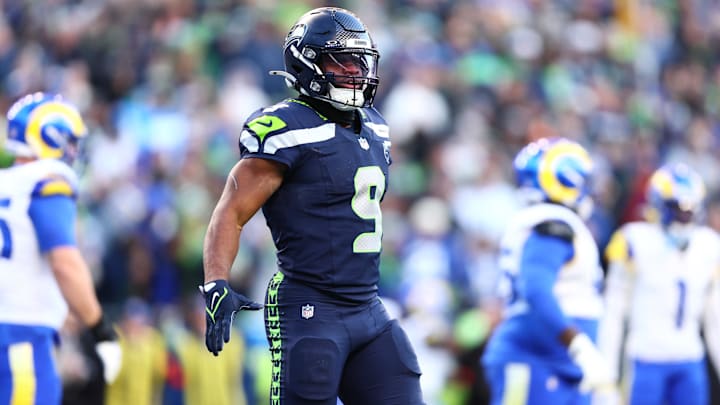 Jan 25, 2026; Seattle, WA, USA; Seattle Seahawks running back Kenneth Walker III (9) celebrates after running for a touchdown in the first half against the Los Angeles Rams in the 2026 NFC Championship Game at Lumen Field. Mandatory Credit: Kevin Ng-Imagn Images