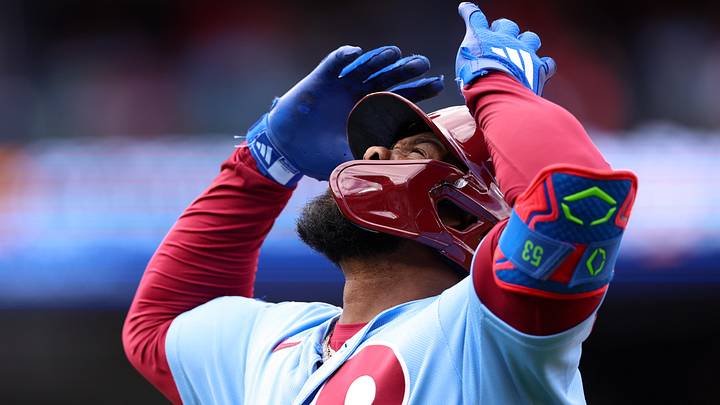 Apr 30, 2026; Philadelphia, Pennsylvania, USA; Philadelphia Phillies right fielder Adolis Garcia (53) reacts after lining out during the sixth inning against the San Francisco Giants at Citizens Bank Park. Apr 30, 2026; Philadelphia, Pennsylvania, USA; Philadelphia Phillies right fielder Adolis Garcia (53) reacts after lining out during the sixth inning against the San Francisco Giants at Citizens Bank Park.