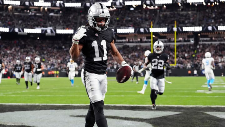 Dec 14, 2023; Paradise, Nevada, USA; Las Vegas Raiders wide receiver Tre Tucker (11) celebrates