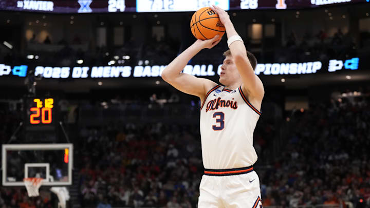 Mar 21, 2025; Milwaukee, WI, USA: Illinois Fighting Illini forward Ben Humrichous (3) shoots a three point basket against the Xavier Musketeers during the first half at Fiserv Forum. Mandatory Credit: Jeff Hanisch-Imagn Images Mar 21, 2025; Milwaukee, WI, USA: Illinois Fighting Illini forward Ben Humrichous (3) shoots a three point basket against the Xavier Musketeers during the first half at Fiserv Forum. Mandatory Credit: Jeff Hanisch-Imagn Images