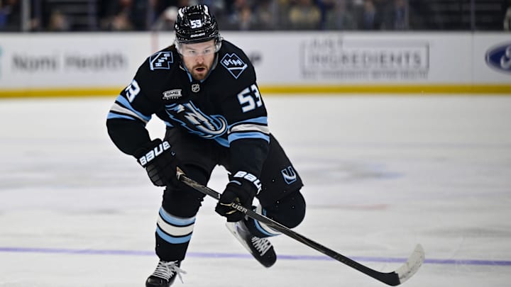 Jan 9, 2026; Salt Lake City, Utah, USA; Utah Mammoth left wing Michael Carcone (53) makes a quick play during second period against the St. Louis Blues at Delta Center. Mandatory Credit: Peter Creveling-Imagn Images