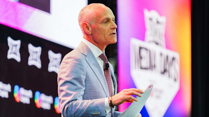 Jul 8, 2025; Frisco, TX, USA; Big 12 Commissioner Brett Yormark addresses the media during the 2025 Big 12 Football Media Days at The Star. Mandatory Credit: Raymond Carlin III-Imagn Images