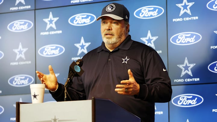 Jun 4, 2024; Frisco, TX, USA;  Dallas Cowboys head coach Mike McCarthy addresses the media before practice at the Ford Center at the Star Training Facility in Frisco, Texas.
