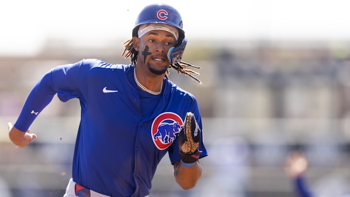Chicago Cubs outfielder Kevin Alcantara against the Los Angeles Dodgers during a spring training game at Camelback Ranch-Glendale. 
