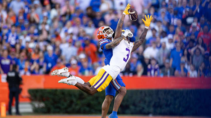 Nov 16, 2024; Gainesville, Florida, USA; Florida Gators defensive back Dijon Johnson (27) breaks up a pass to LSU Tigers wide receiver Chris Hilton Jr. (3) during the first half at Ben Hill Griffin Stadium. Mandatory Credit: Matt Pendleton-Imagn Images