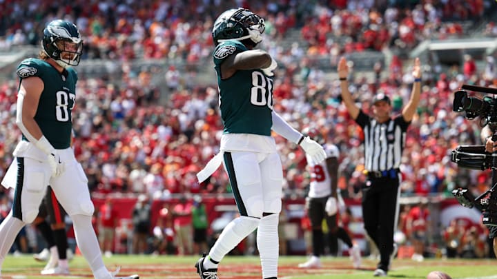 Philadelphia Eagles wide receiver Parris Campbell celebrates after scoring a touchdown against the Tampa Bay Buccaneers.