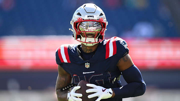 Oct 6, 2024; Foxborough, Massachusetts, USA;  New England Patriots wide receiver Kendrick Bourne (84) runs with the ball before a game against the Miami Dolphins at Gillette Stadium.