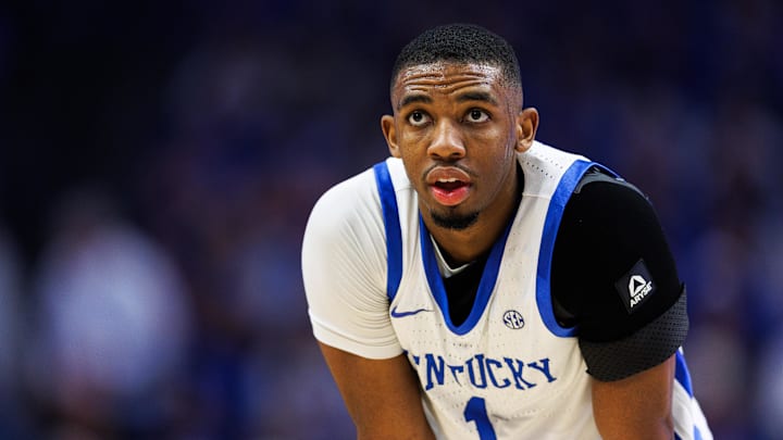Mar 1, 2025; Lexington, Kentucky, USA; Kentucky Wildcats guard Lamont Butler (1) looks on during the second half against the Auburn Tigers at Rupp Arena at Central Bank Center. Mandatory Credit: Jordan Prather-Imagn Images