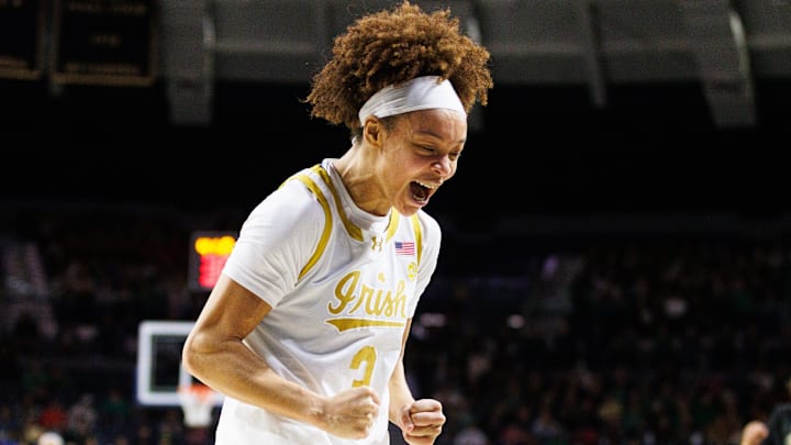 Notre Dame guard Hannah Hidalgo celebrates after a play during an NCAA women's basketball game against No. 22 North Carolina at Purcell Pavilion on Sunday, Jan. 11, 2026, in South Bend.