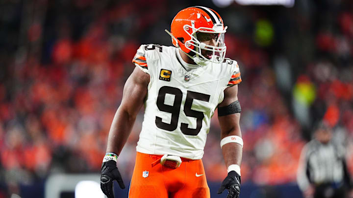 Dec 2, 2024; Denver, Colorado, USA; Cleveland Browns defensive end Myles Garrett (95) during the third quarter against the Denver Broncos at Empower Field at Mile High.