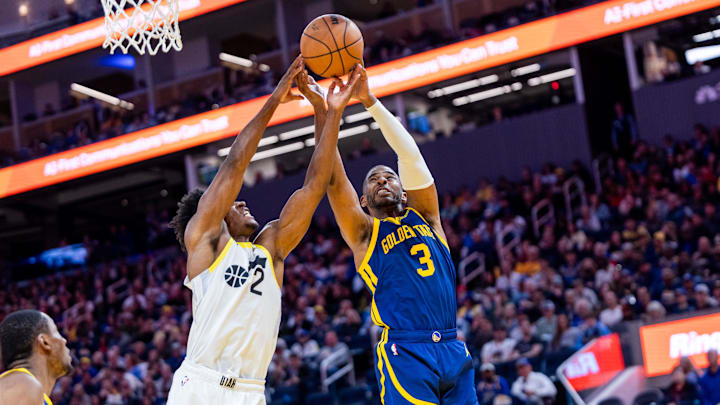 Apr 7, 2024; San Francisco, California, USA; Golden State Warriors guard Chris Paul (3) and Utah Jazz guard Collin Sexton (2) fight for the rebound during the third quarter at Chase Center. Mandatory Credit: Bob Kupbens-USA TODAY Sports Apr 7, 2024; San Francisco, California, USA; Golden State Warriors guard Chris Paul (3) and Utah Jazz guard Collin Sexton (2) fight for the rebound during the third quarter at Chase Center. Mandatory Credit: Bob Kupbens-USA TODAY Sports