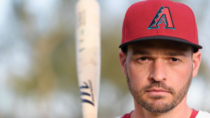 Feb 19, 2025; Scottsdale, AZ, USA; Arizona Diamondbacks infielder Trey Mancini (3) poses for a portrait for MLB Media Day at Salt River Fields.  Mandatory Credit: Allan Henry-Imagn Images