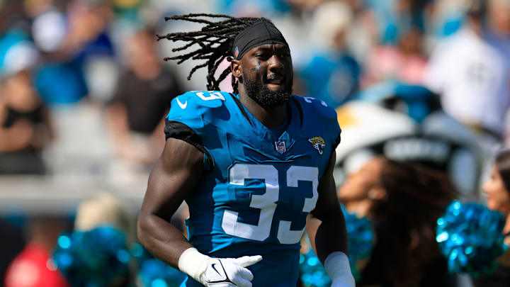 Jacksonville Jaguars linebacker Devin Lloyd (33) is introduced before an NFL football matchup Sunday, Oct. 27, 2024 at EverBank Stadium in Jacksonville, Fla. The Packers edged the Jaguars 30-27 on a last-second field goal. [Corey Perrine/Florida Times-Union]