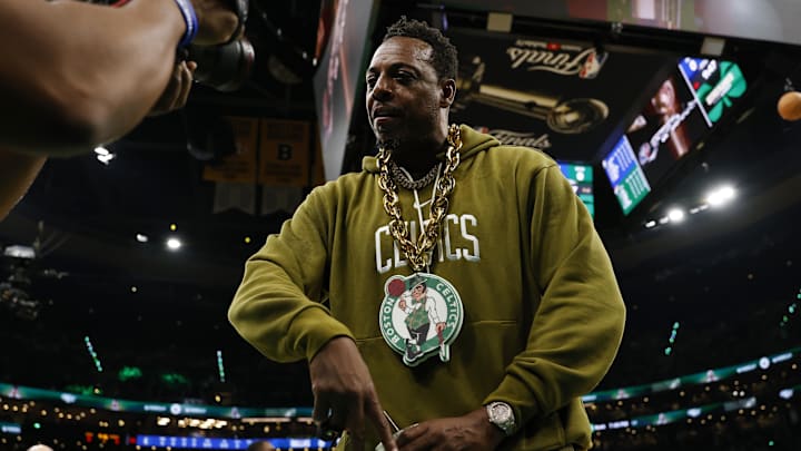 Pierce looks into a video camera on the court before game two of the 2024 NBA Finals.